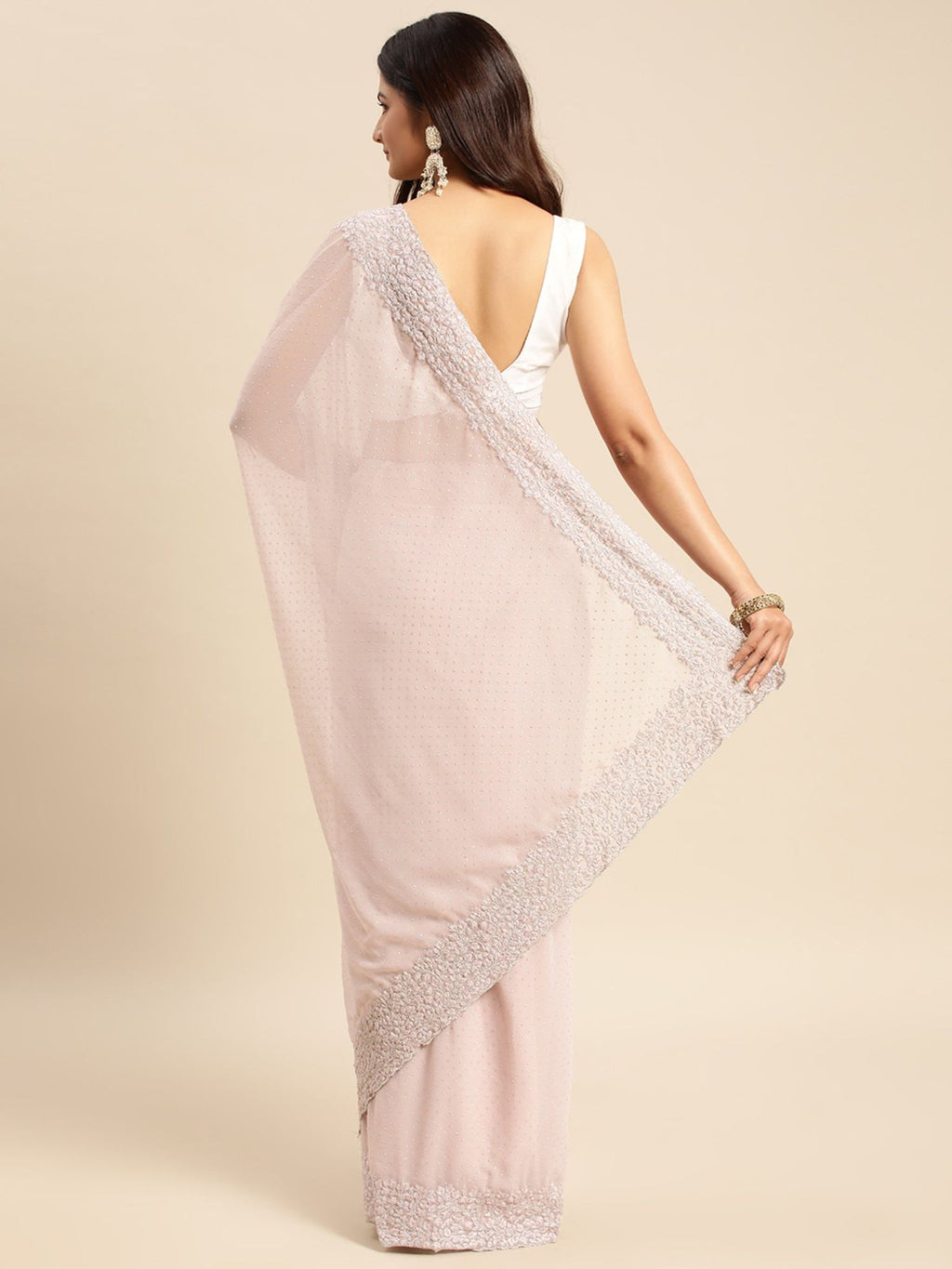 Peach Diamond Work Saree With Unstitched Blouse