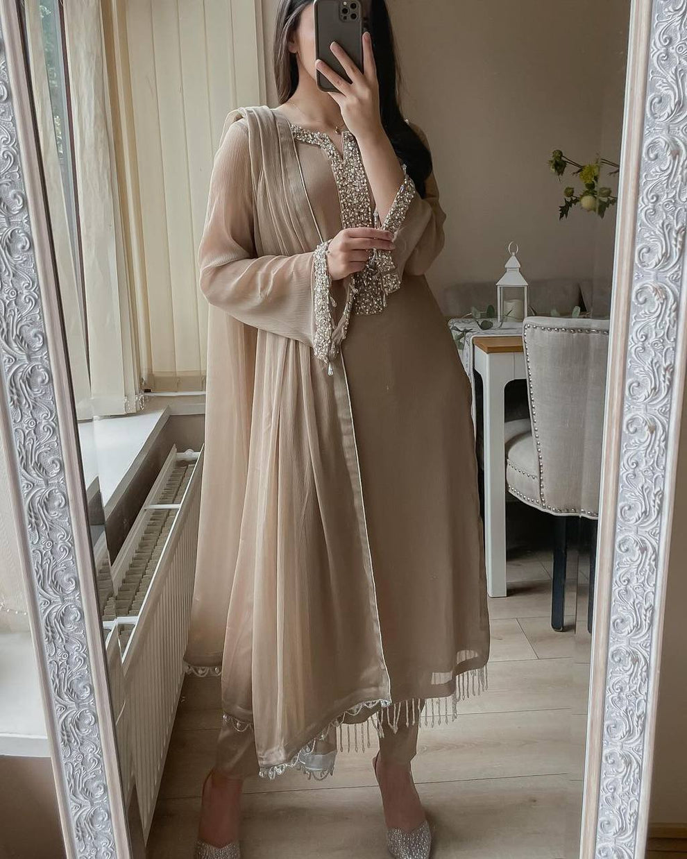 Brown Georgette Beads Stones Hand Embroidered Straight Pant Suit