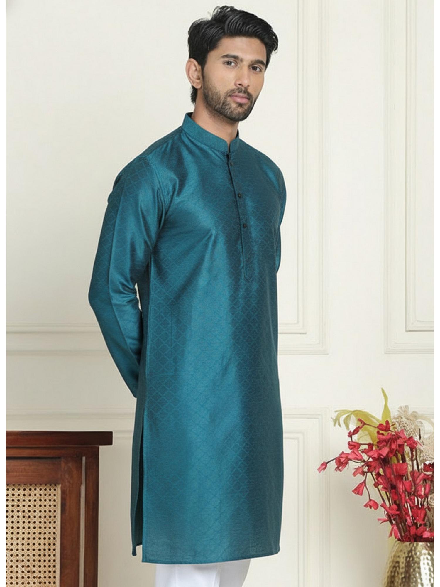 Mens Teal Art Silk Embroidered Kurta with Pyjama