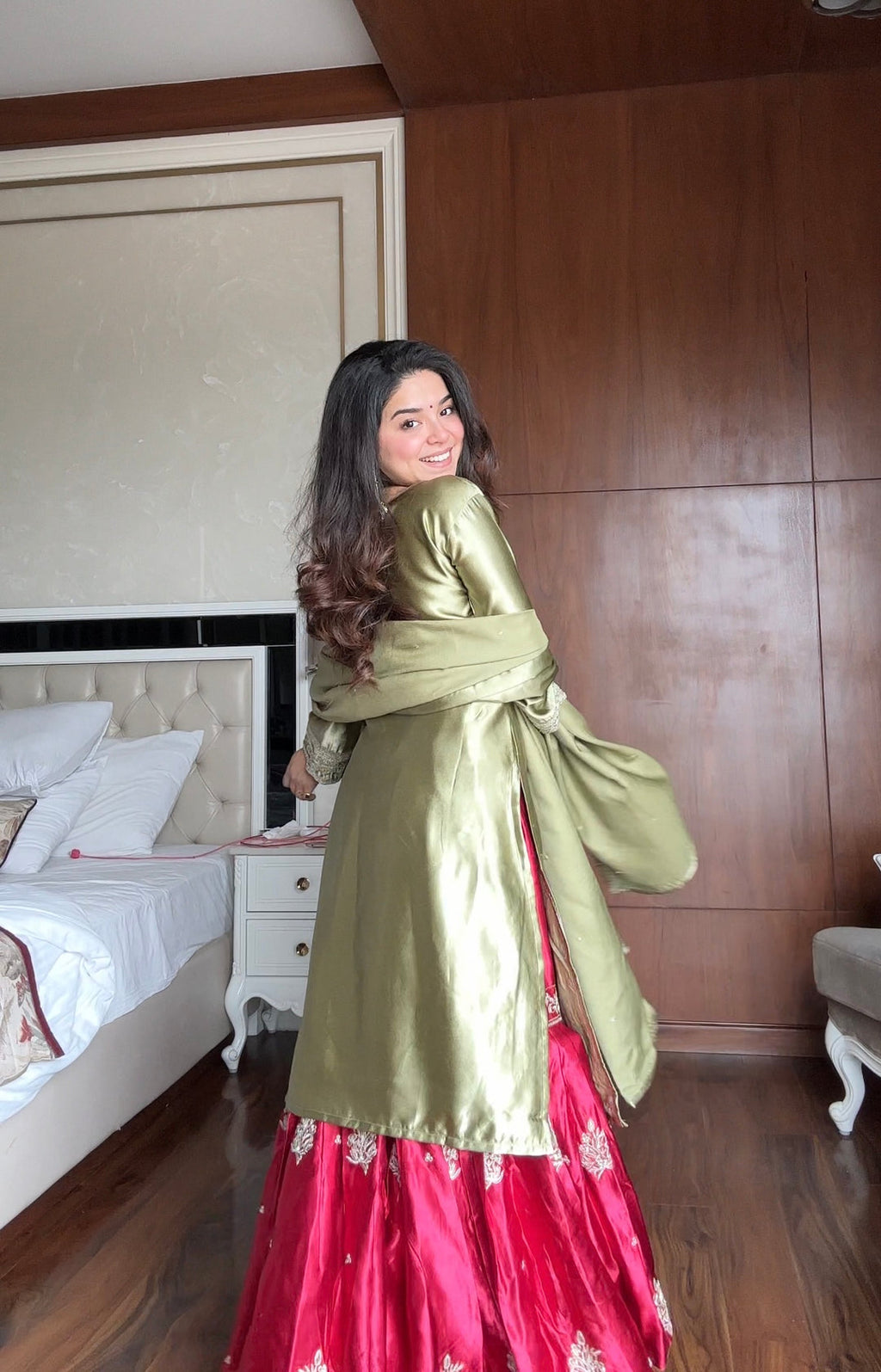 Olive Green Embroidered Kurta with Red Sharara and Dupatta