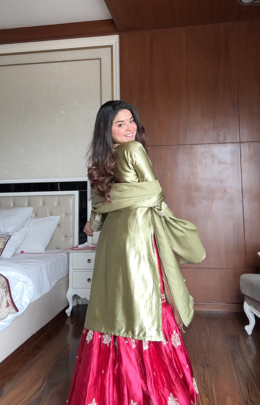 Olive Green Embroidered Kurta with Red Sharara and Dupatta