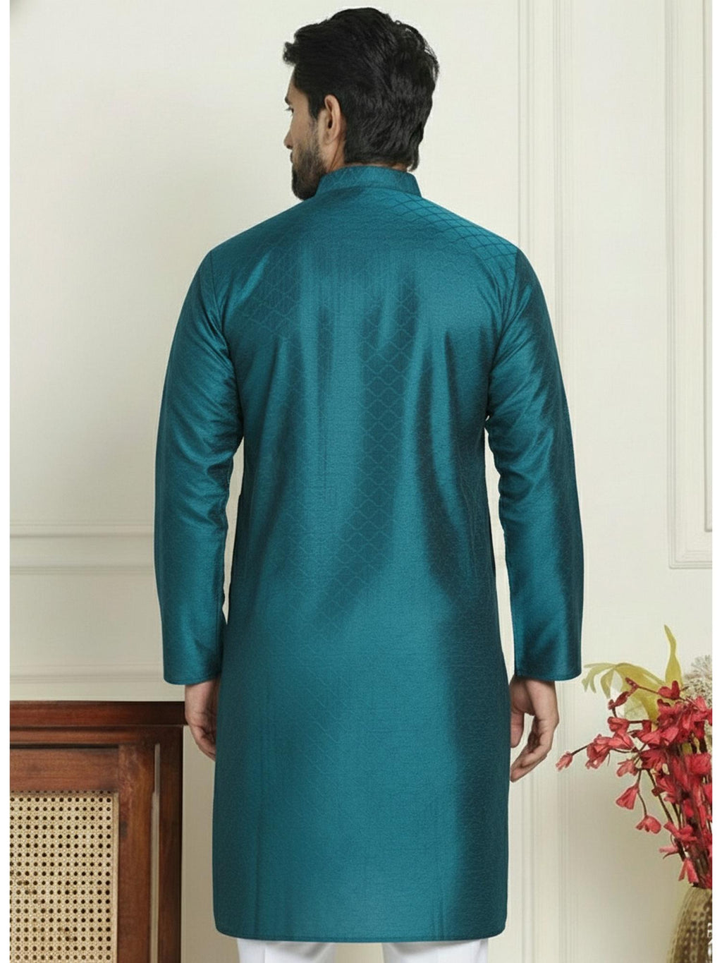 Mens Teal Art Silk Embroidered Kurta with Pyjama