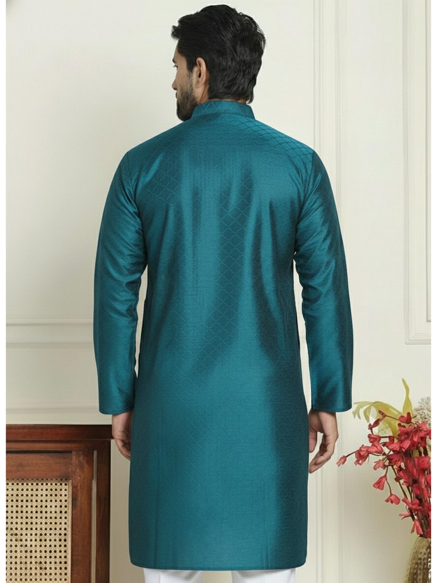 Mens Teal Art Silk Embroidered Kurta with Pyjama