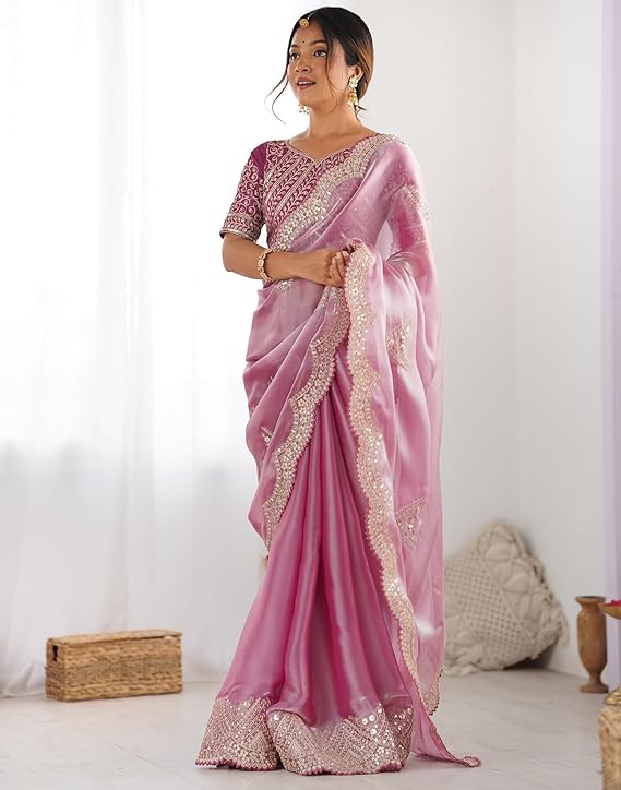Organza Sequence Embroidery Scollped Border Saree