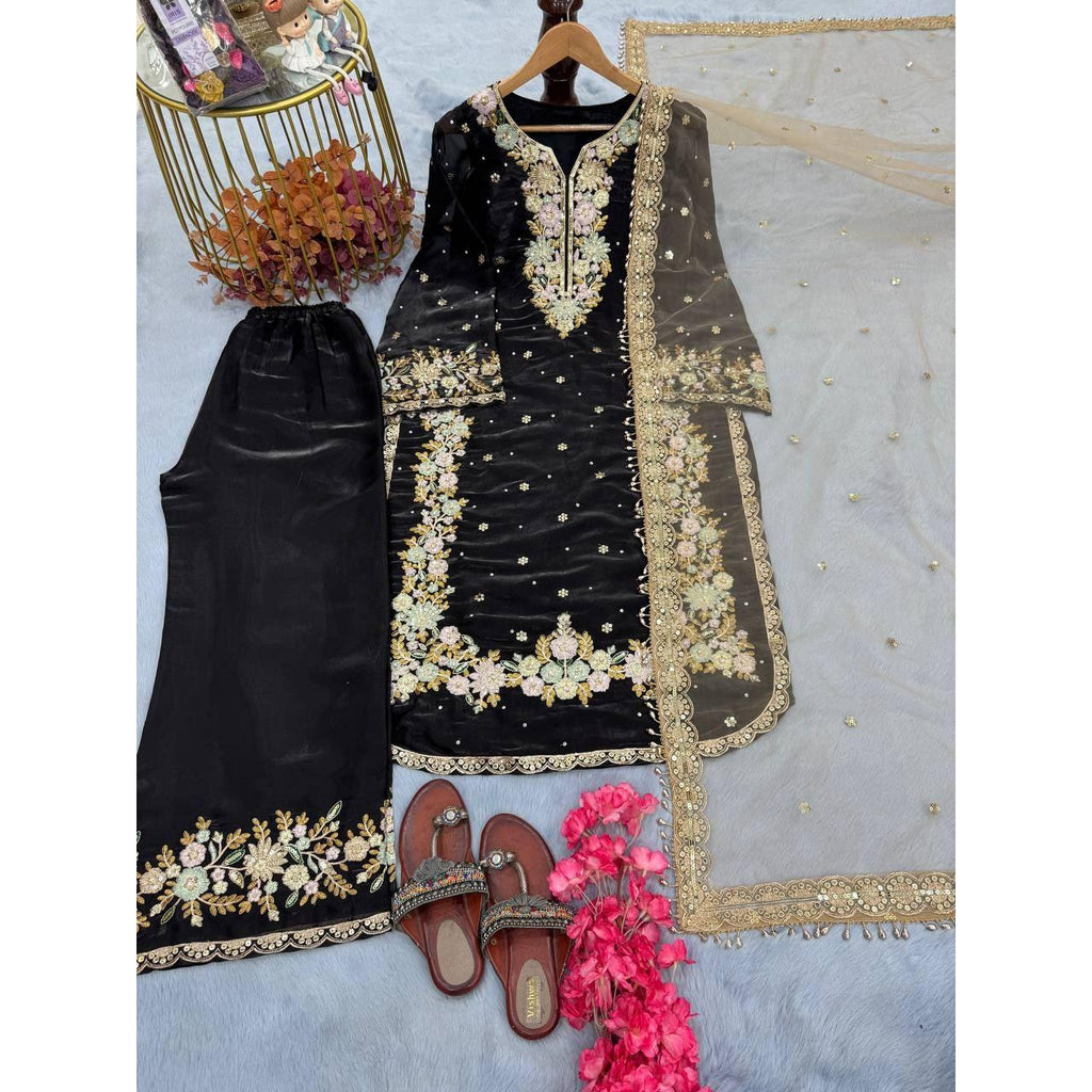 Party Wear Chinon Silk Plazzo Set – Exquisite Embroidery & Handwork