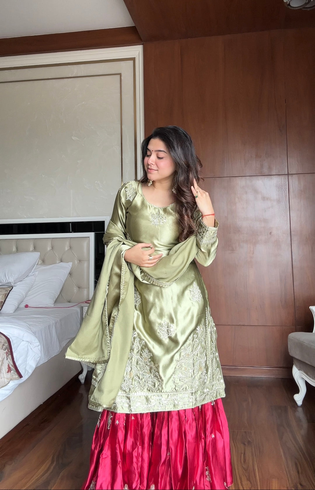 Olive Green Embroidered Kurta with Red Sharara and Dupatta