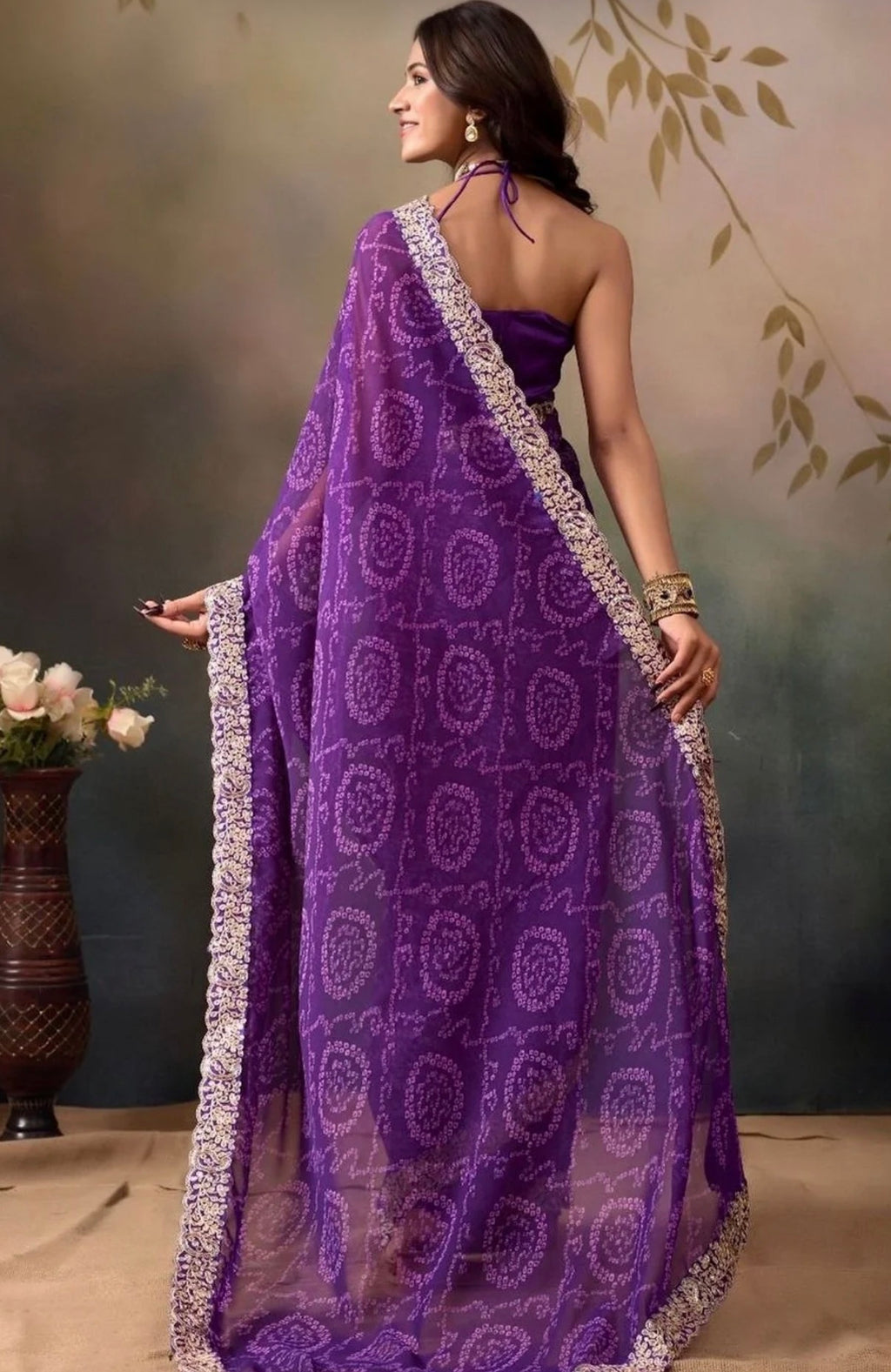 Bandhani printed saree with embroidered border