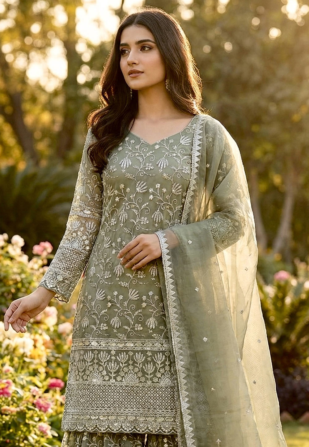 Heavy Embroidery Sequence Work Top Sharara & Dupatta Set