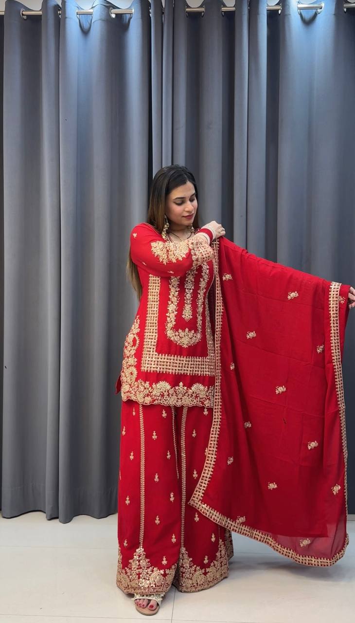 Fashion Red Georgette Embroidered Sequin Palazzo Suit