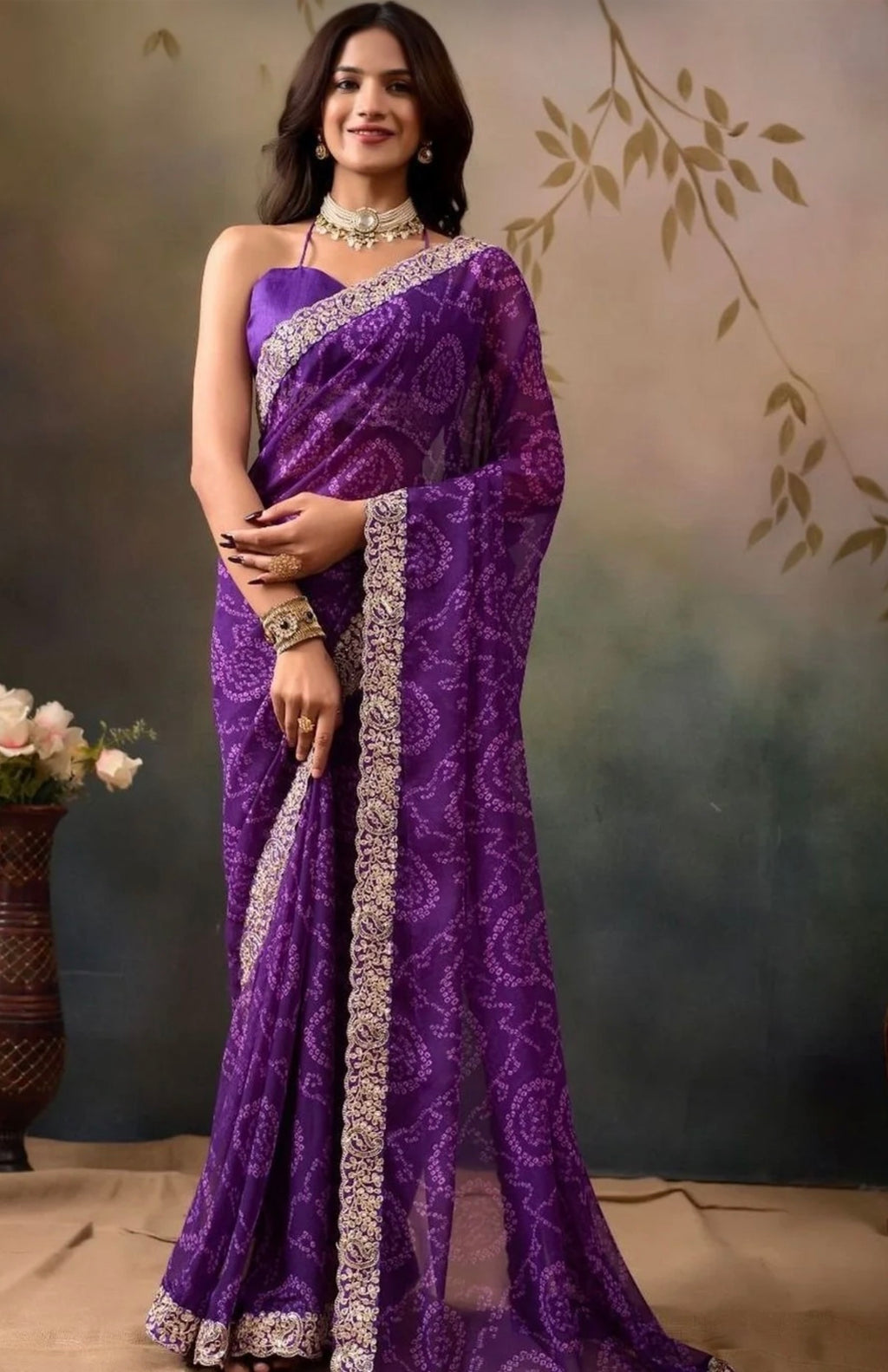 Bandhani printed saree with embroidered border