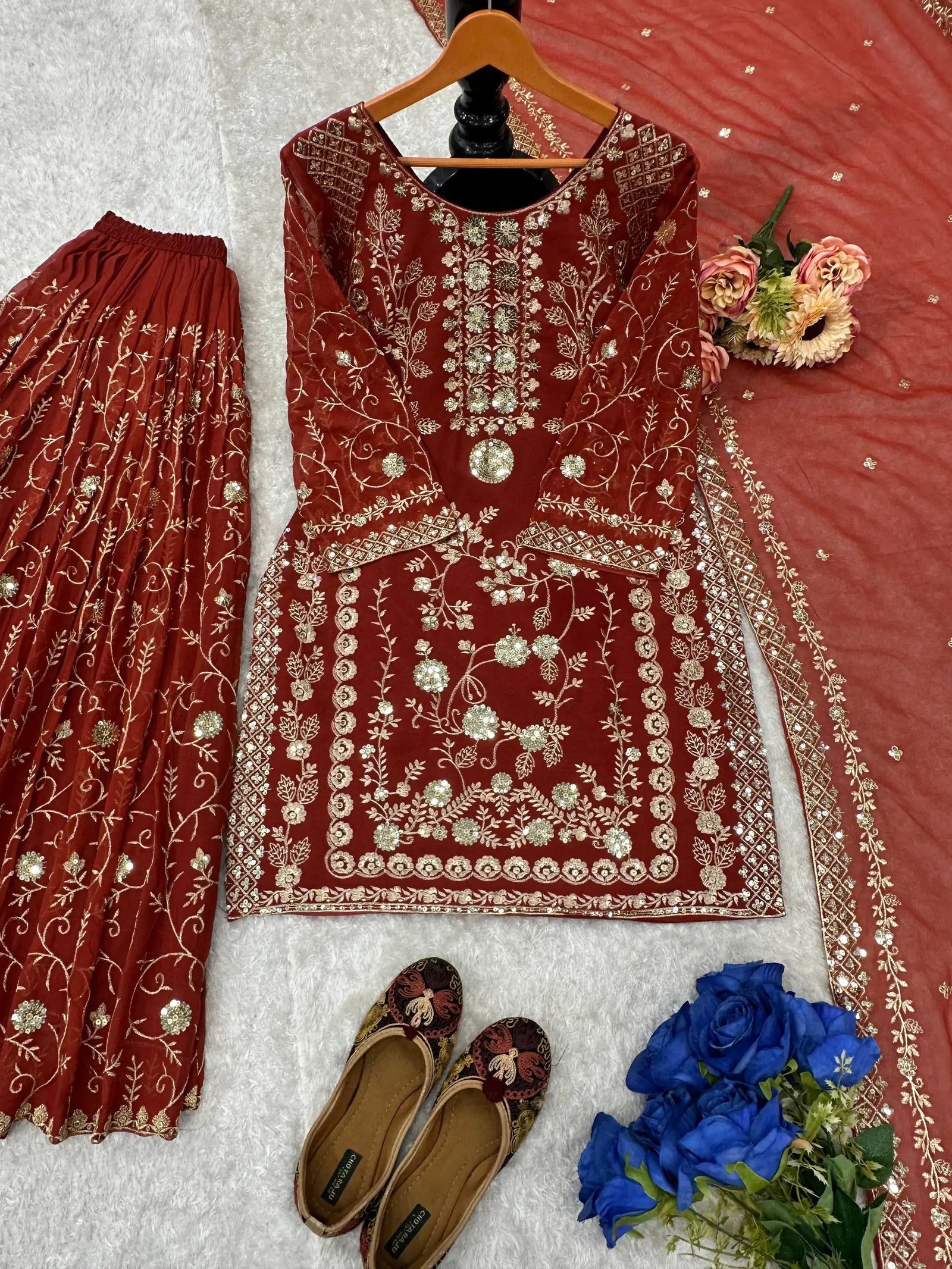 Heavy Embroidered Sharara Set Georgette Rust Orange