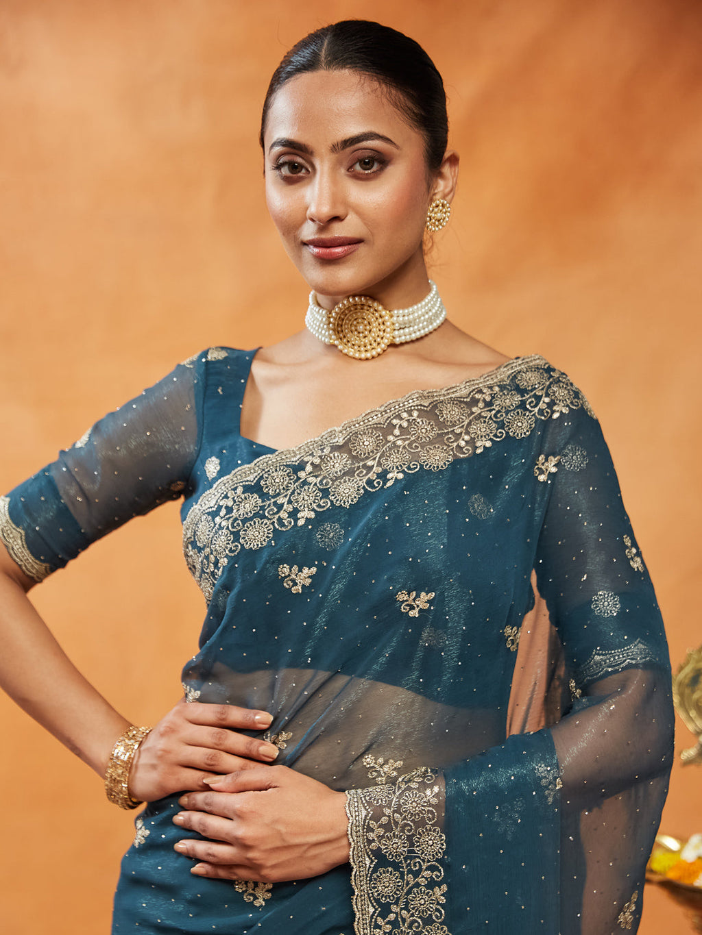 Turquoise Blue Embroidered Chiffon Saree