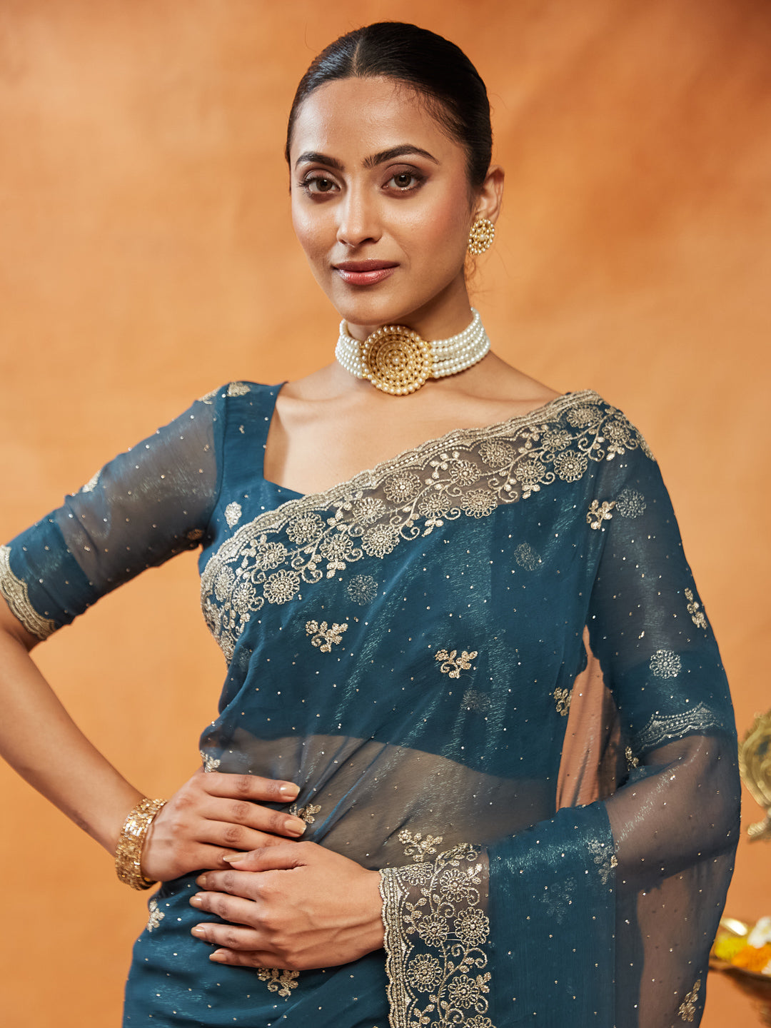 Turquoise Blue Embroidered Chiffon Saree