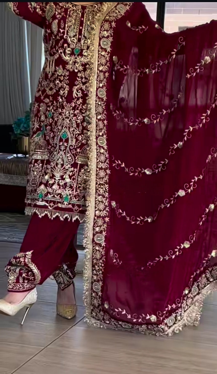 Designer Natural Crepe  Salwar Set – Round Neck – Sequin Embroidered