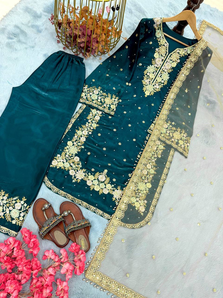 Party Wear Chinon Silk Plazzo Set – Exquisite Embroidery & Handwork