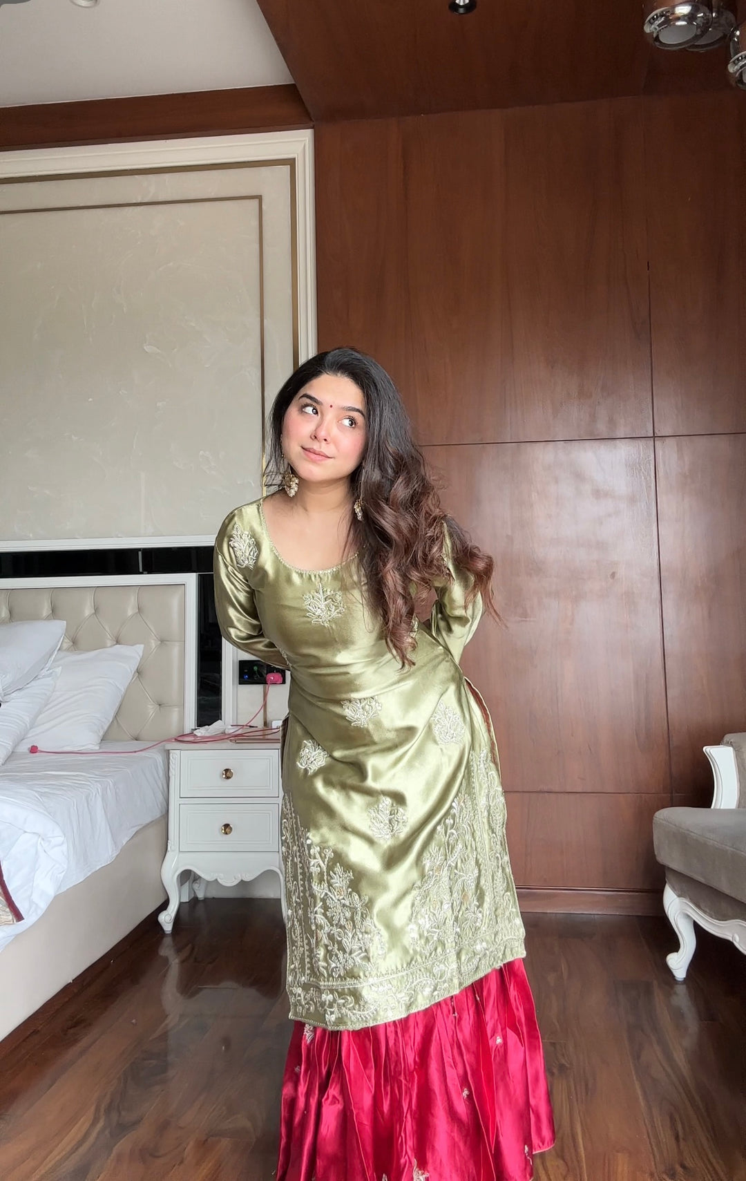 Olive Green Embroidered Kurta with Red Sharara and Dupatta