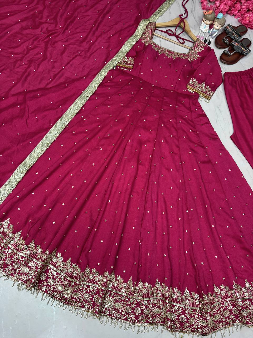 Silk Anarkali Gown Dupatta Pent Plazzo Set With Embroidery Sequence Work