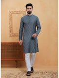 Mens Grey Cotton Woven Kurta with Cotton Pyjama