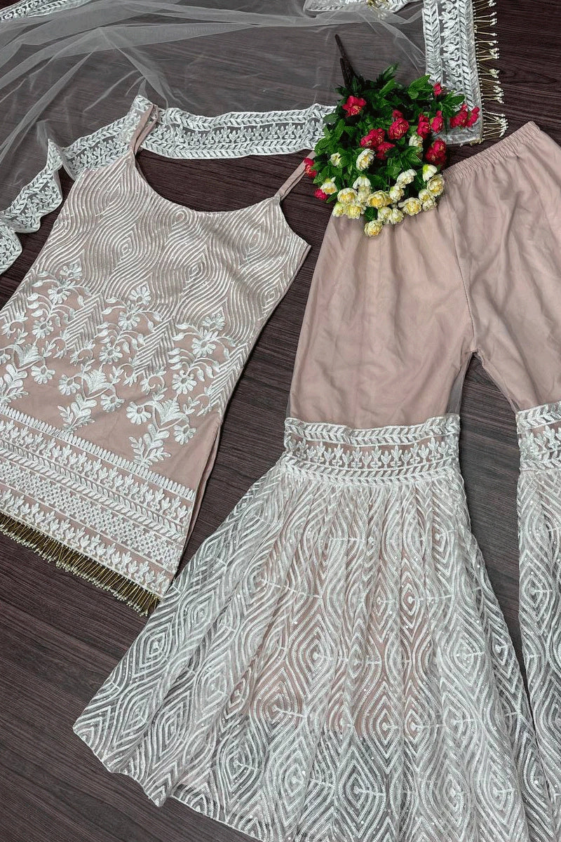 Designer Reception Party Wear Soft Net Sharara Suit