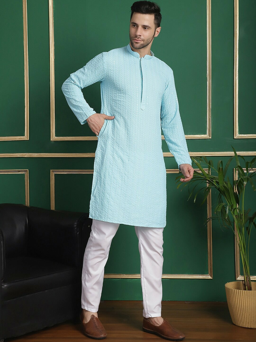 Embroidered Sequinned Kurta with Pyjamas