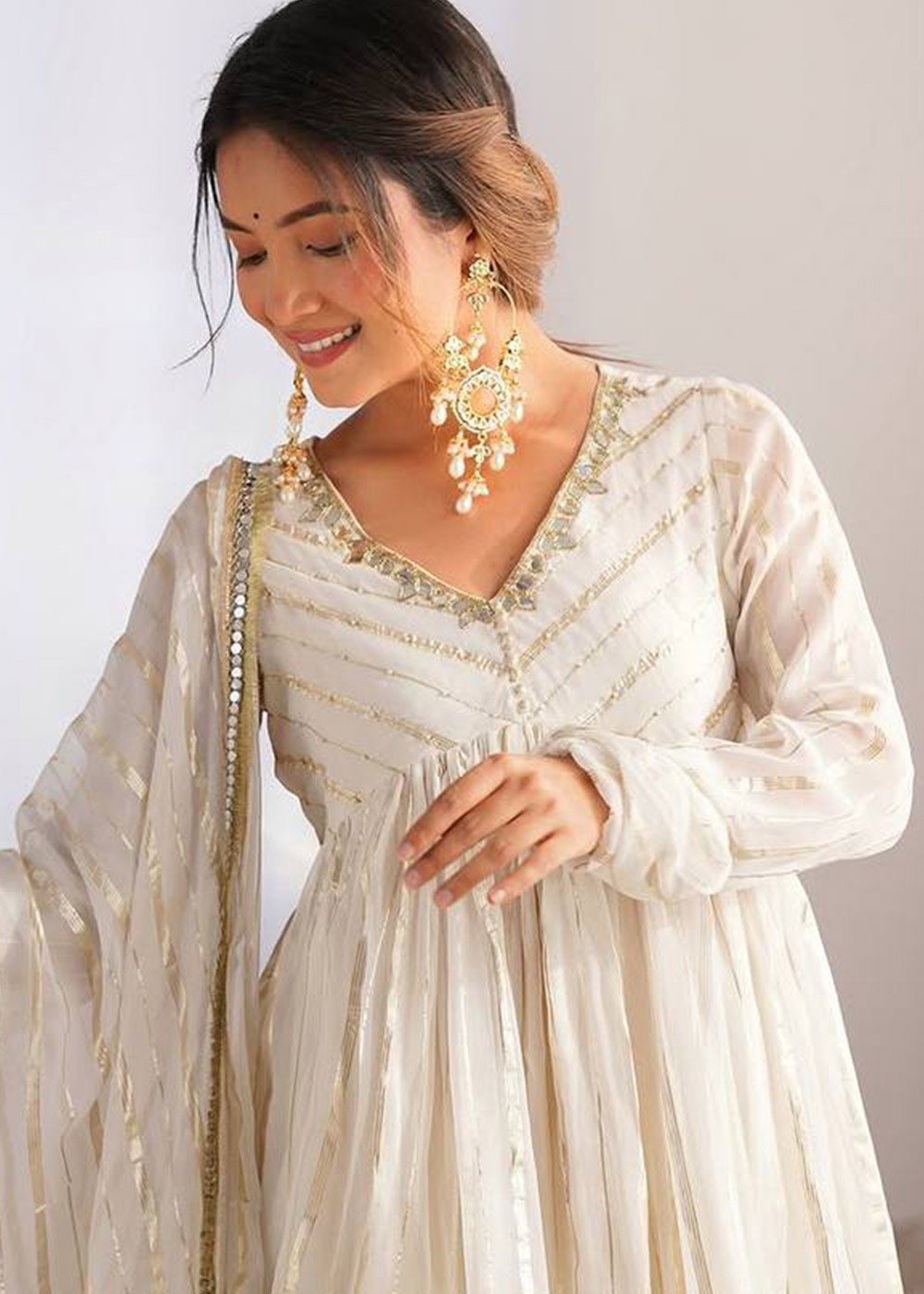 White Color Mal Chanderi Fabric With Mirror Work Top Sharara