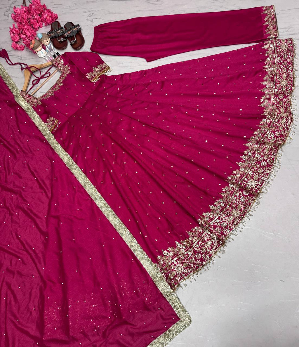Silk Anarkali Gown Dupatta Pent Plazzo Set With Embroidery Sequence Work