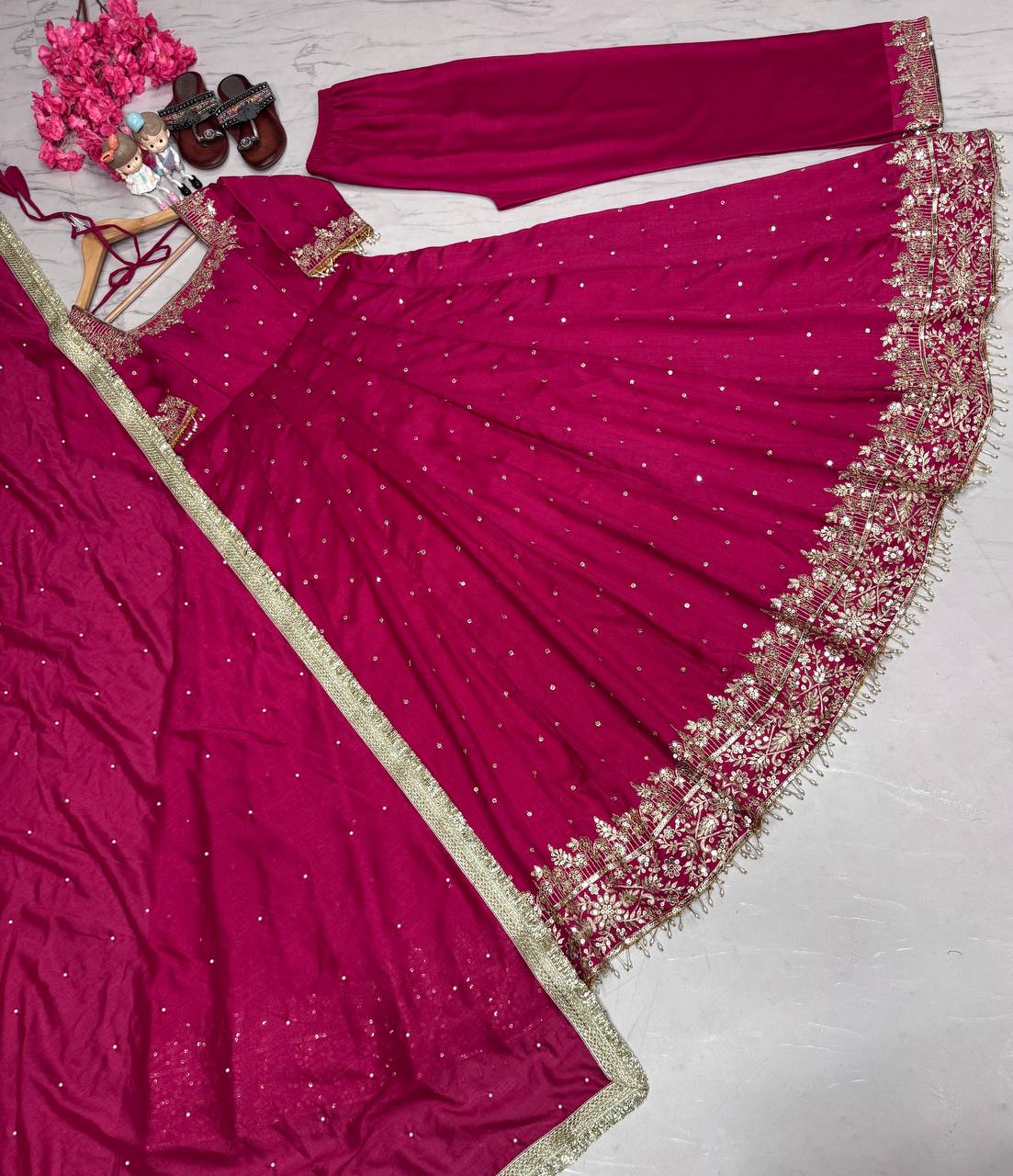 Silk Anarkali Gown Dupatta Pent Plazzo Set With Embroidery Sequence Work
