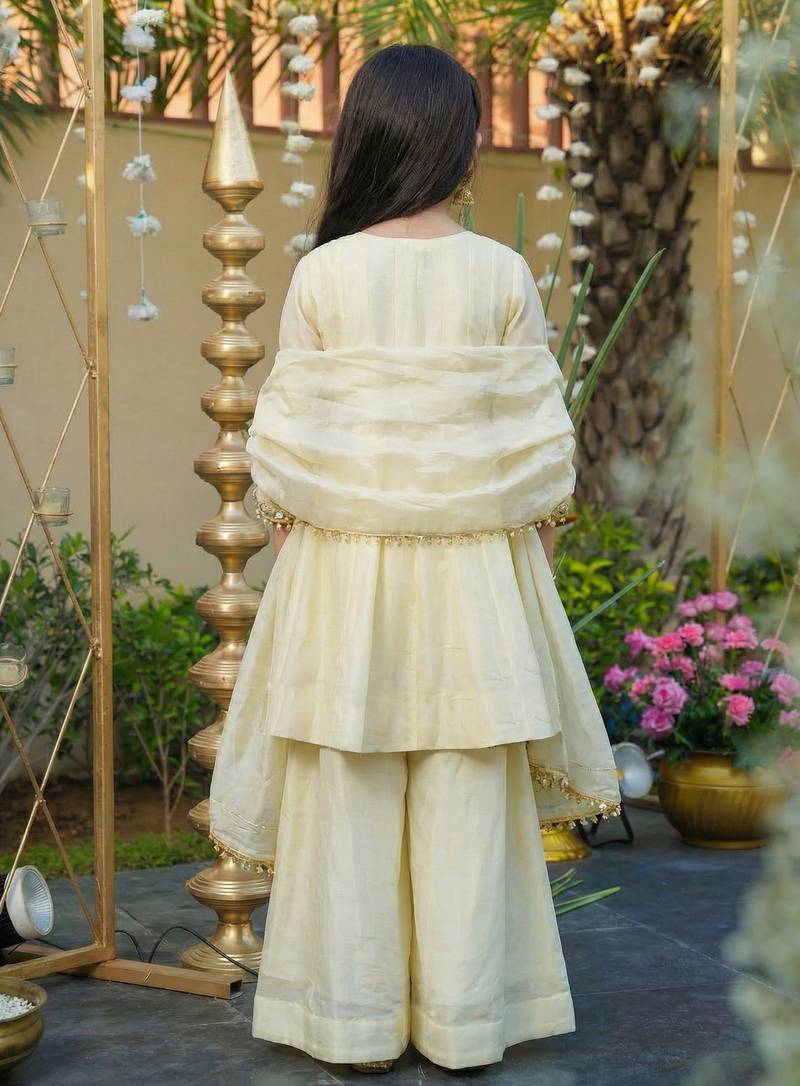 Girl's Silk Mirror Embroidered Designer Kurta Palazzo With Dupatta Set