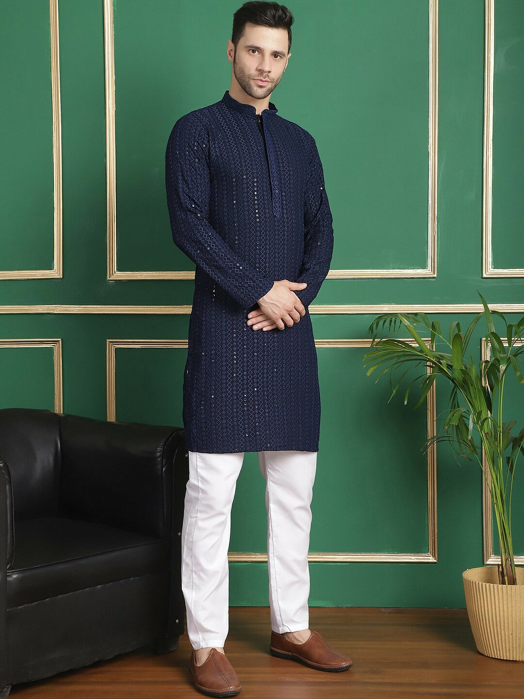 Embroidered Sequinned Kurta with Pyjamas