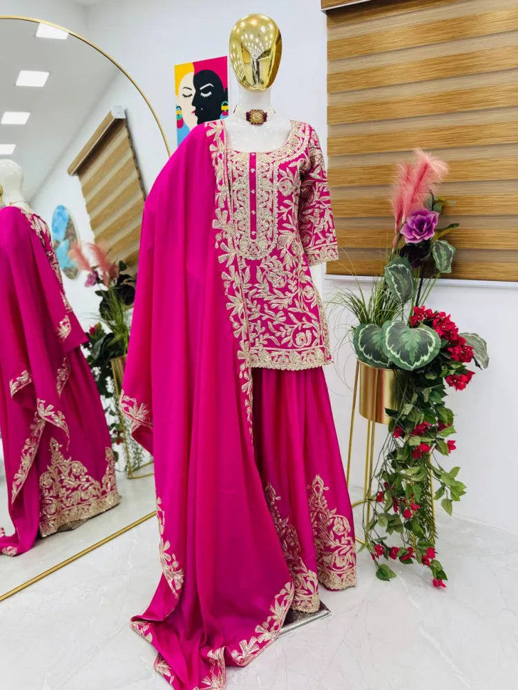 Heavy Chinon Silk Sharara Set With Codding Sequin Embroidery