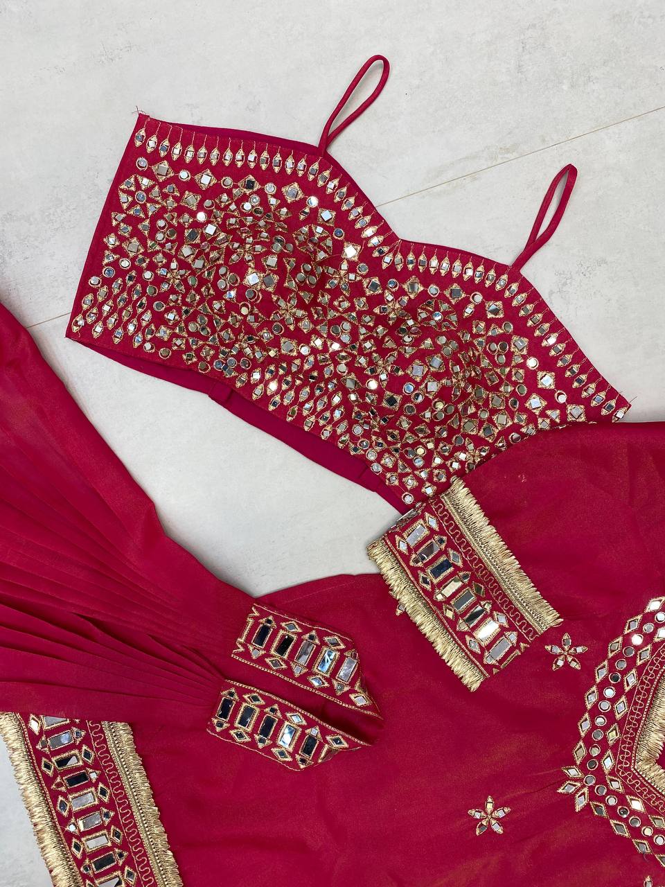 Embroidered Palazzo Suit | Festive 4-Piece Mirror Work Set