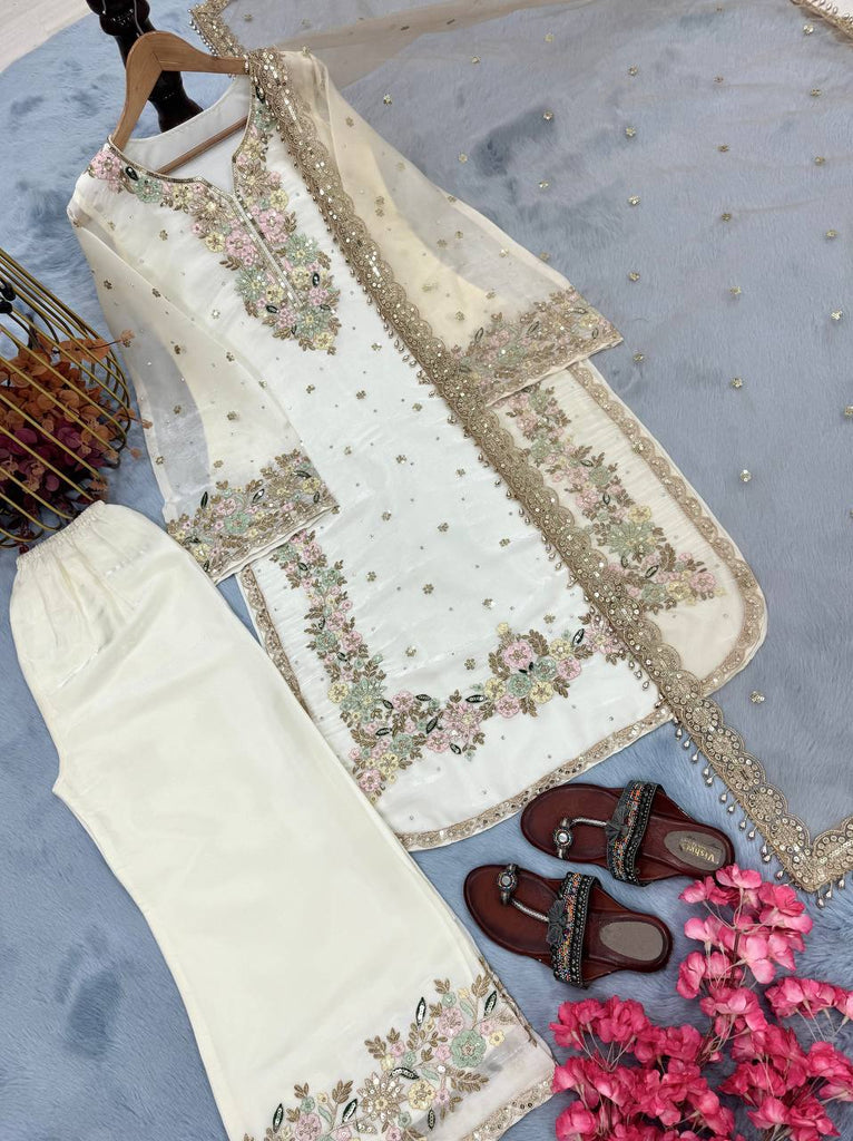 Party Wear Chinon Silk Plazzo Set – Exquisite Embroidery & Handwork