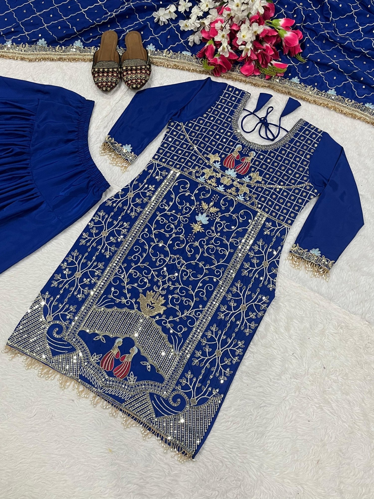 Embroidered Royal Blue salwar Suit: Peacock Motif Ethnic Outfit