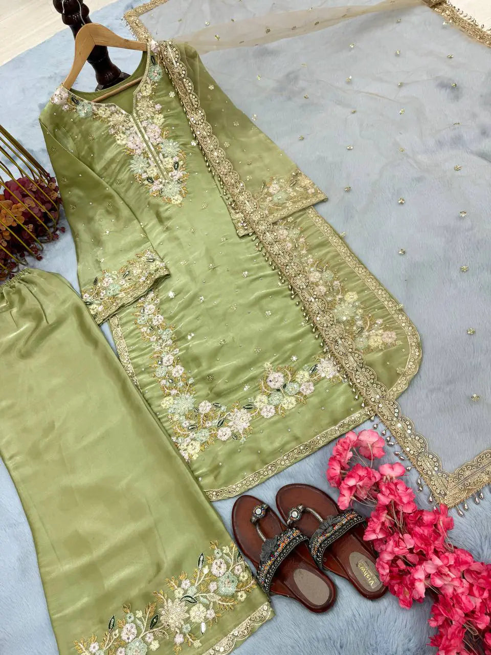 Party Wear Chinon Silk Plazzo Set – Exquisite Embroidery & Handwork