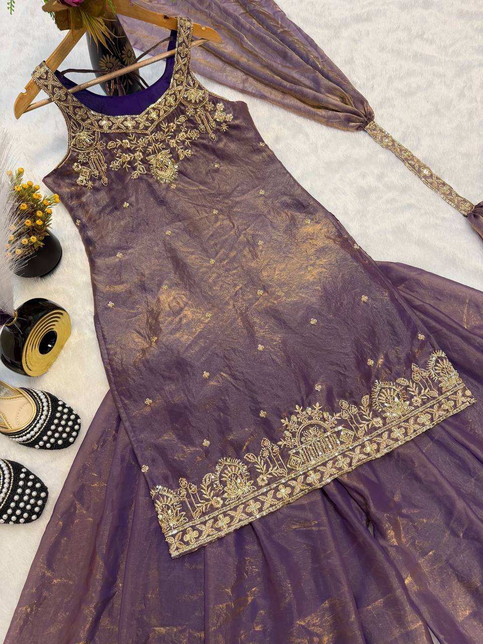 Embroidered Sequence Ready To Wear Top Palazzo Dupatta Set