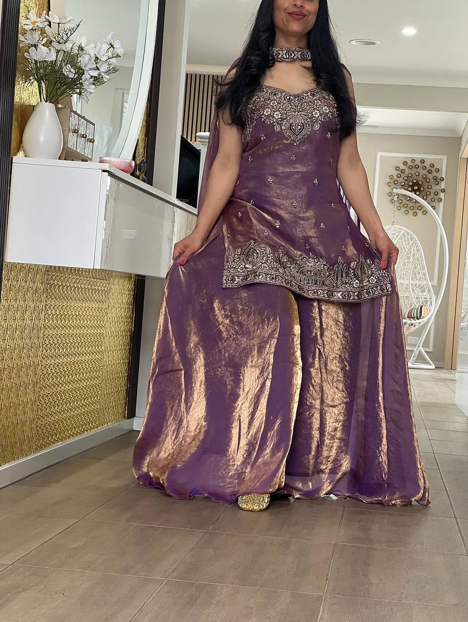 Embroidered Sequence Ready To Wear Top Palazzo Dupatta Set