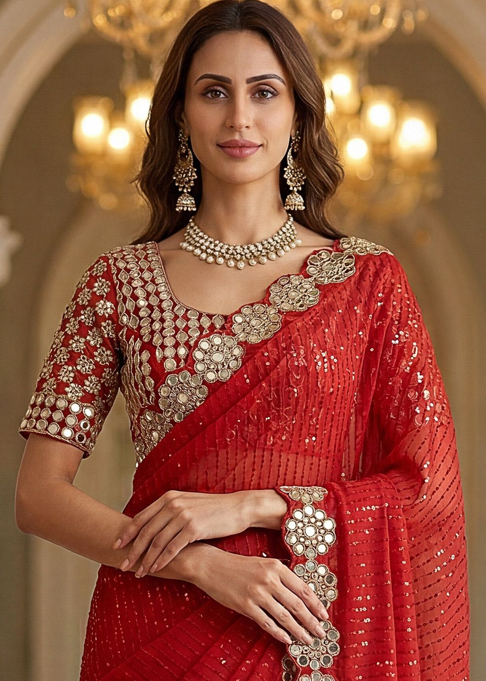 Red Georgette Saree With Embellished Border