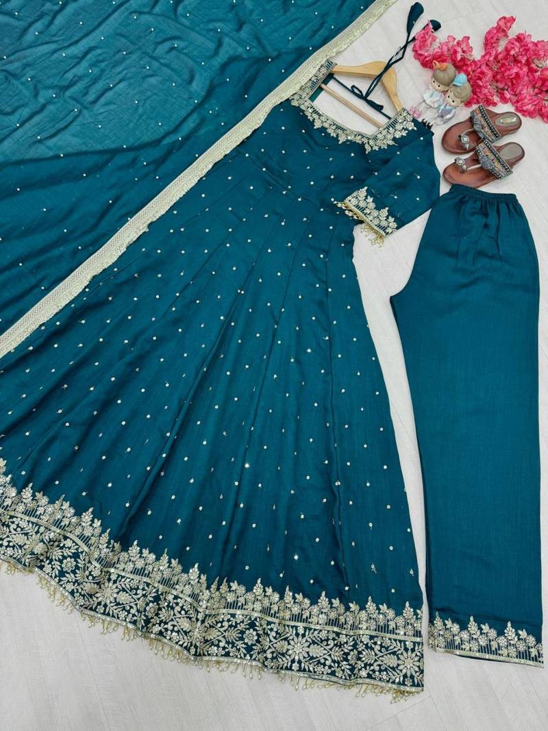 Silk Anarkali Gown Dupatta Pent Plazzo Set With Embroidery Sequence Work