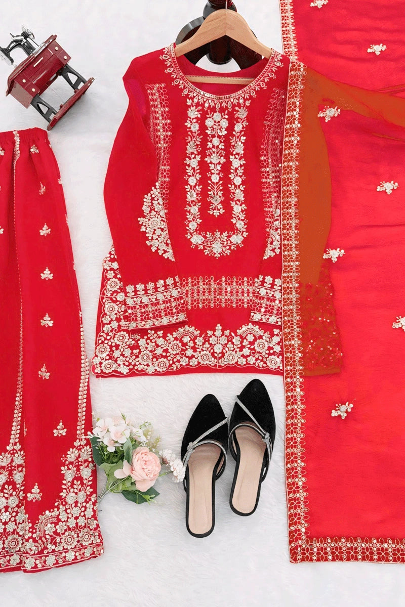Fashion Red Georgette Embroidered Sequin Palazzo Suit