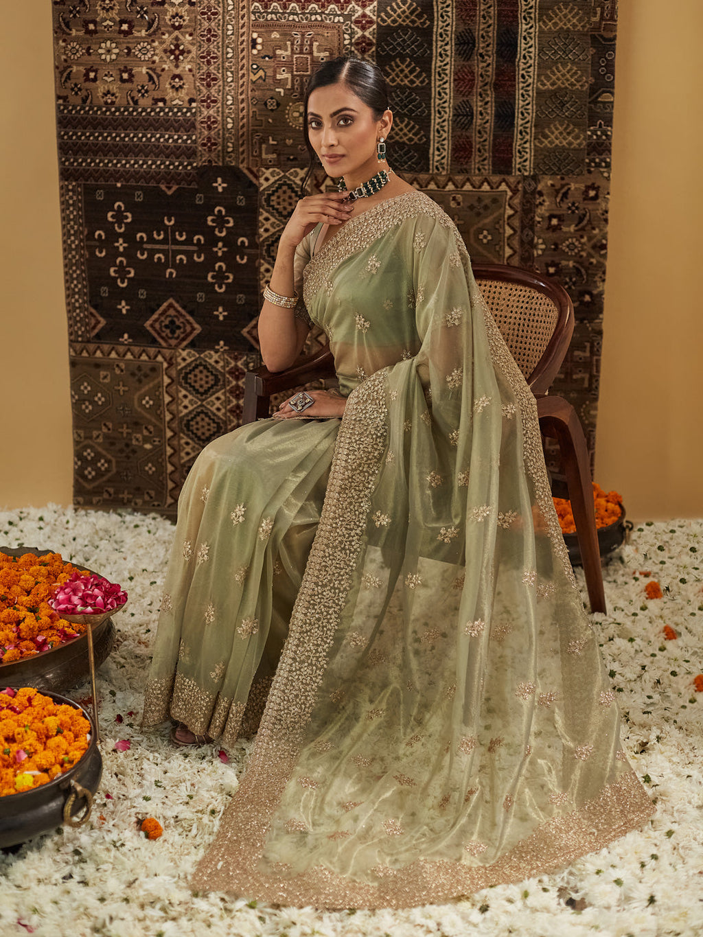 Green Floral Zardozi Supernet Saree