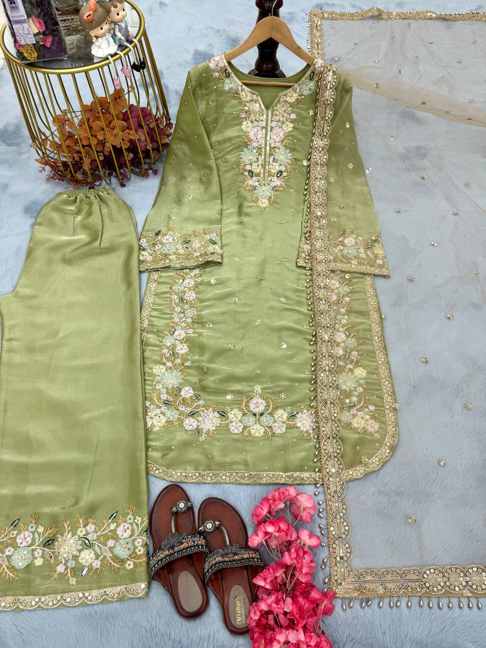 Party Wear Chinon Silk Plazzo Set – Exquisite Embroidery & Handwork
