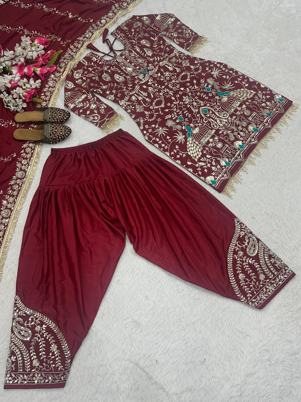 Designer Natural Crepe  Salwar Set – Round Neck – Sequin Embroidered
