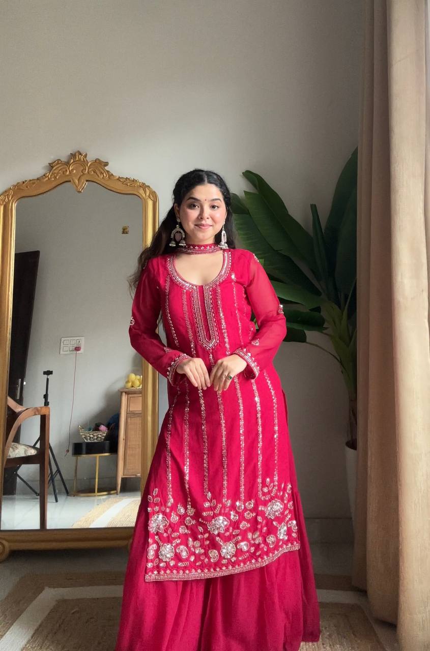 Pink Georgette Sharara Set With Belt-Style Dupatta
