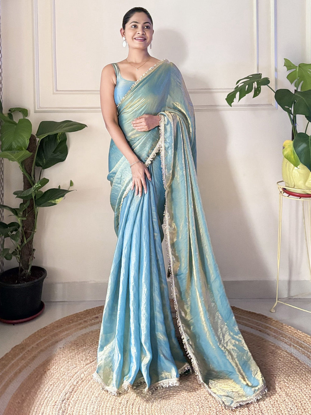 Paper Silk Teal Blue Embellished Designer Saree