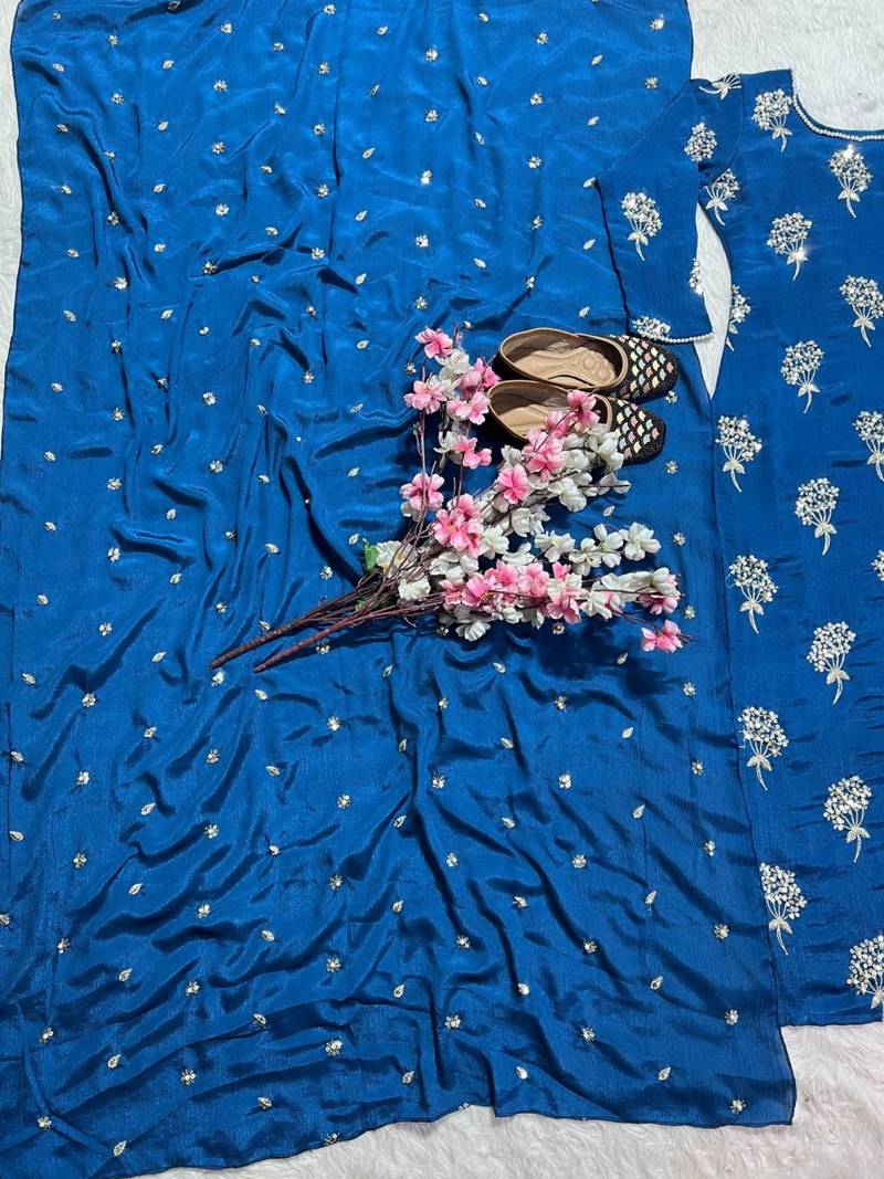 Beautiful Royal Blue Chinon Suit With Bottom And Dupatta