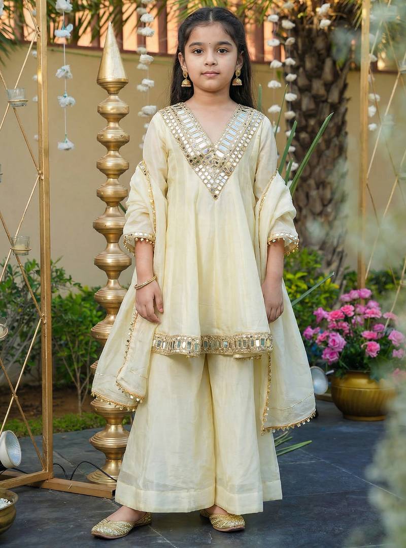 Girl's Silk Mirror Embroidered Designer Kurta Palazzo With Dupatta Set