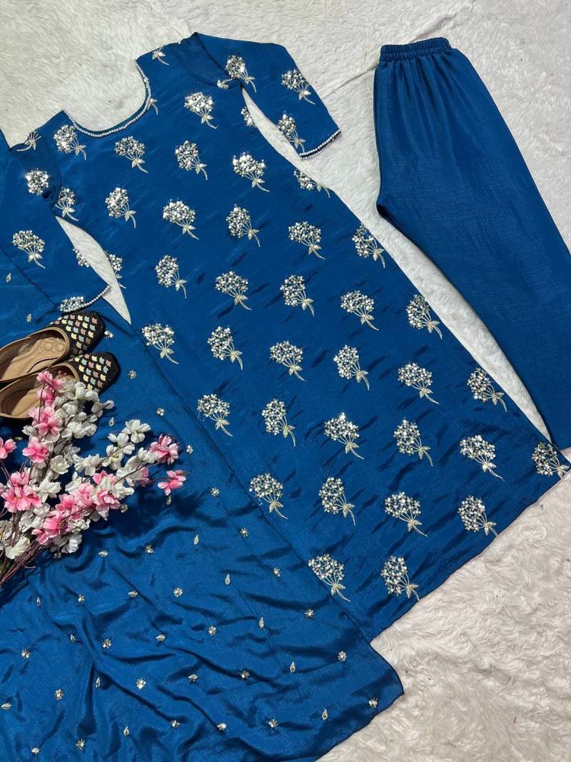 Beautiful Royal Blue Chinon Suit With Bottom And Dupatta