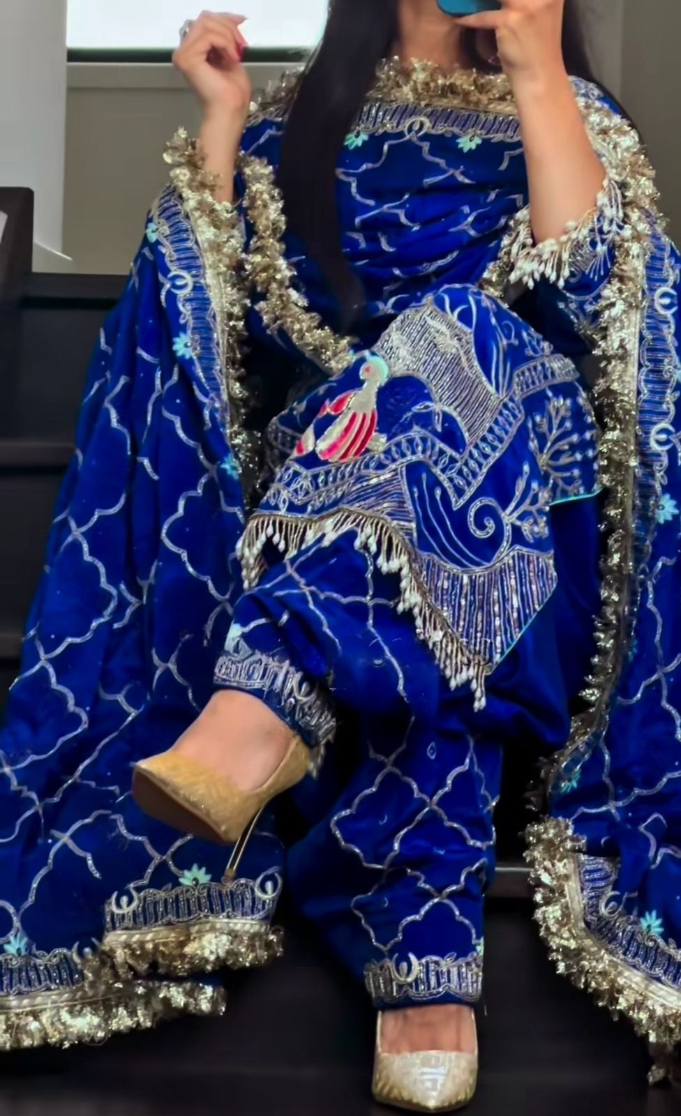 Embroidered Royal Blue salwar Suit: Peacock Motif Ethnic Outfit