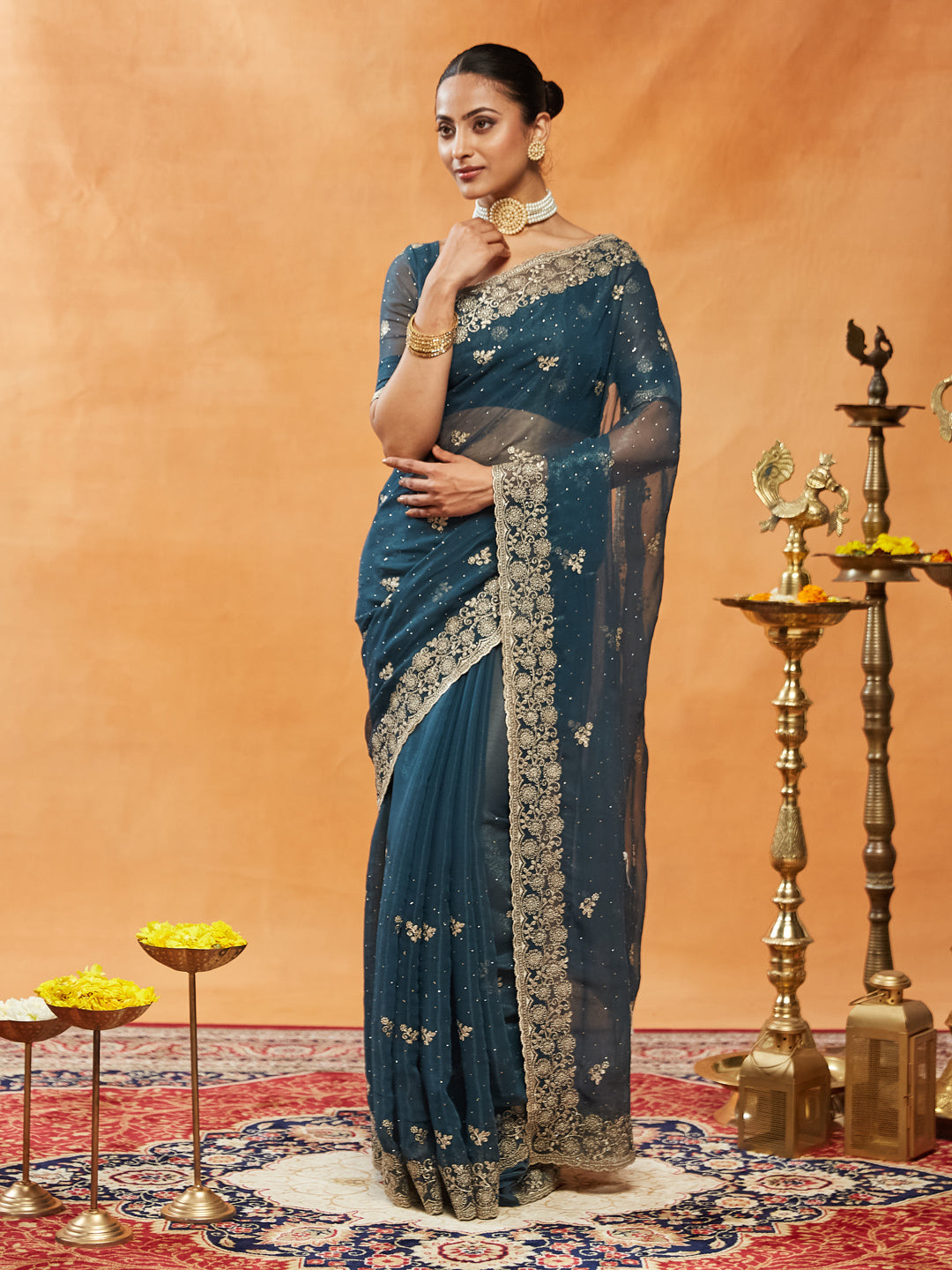 Turquoise Blue Embroidered Chiffon Saree
