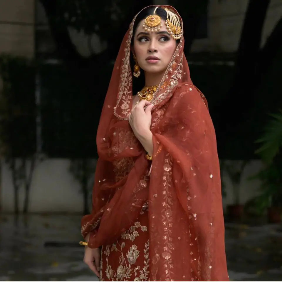 Heavy Embroidered Sharara Set Georgette Rust Orange